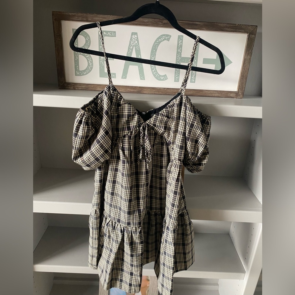 Black and white plaid off the shoulder dress